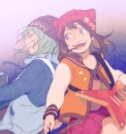  2girls :d animal_hat aqua_hair back-to-back badge bang_dream! bangs beanie black_hat blue_jacket braid brown_hair button_badge cat_hat closed_eyes drawstring electric_guitar grin guitar hat headwear_writing hikawa_hina instrument jacket long_sleeves loveariddle medium_hair multiple_girls music open_mouth pink_skirt playing_instrument plectrum red_hat sailor_collar side_braid skirt smile star star_hat_ornament strap toyama_kasumi violet_eyes 