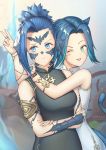  2girls :t absurdres andonoz animal_ears au_ra blue_hair blurry blurry_background cat_ears cat_tail closed_mouth couple dragon_horns dress eyebrows_visible_through_hair facial_mark final_fantasy final_fantasy_xiv green_eyes highres horns hug jewelry looking_at_another miqo&#039;te multiple_girls one_eye_closed open_mouth ring scales short_hair sleeveless sleeveless_dress slit_pupils standing tail upper_body v watermark 