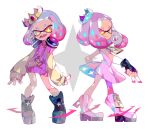  +_+ 1girl :d amakusa_(hidorozoa) buck_teeth contrapposto crown dress fang fingerless_gloves gloves headphones headphones_around_neck hime_(splatoon) jewelry long_sleeves looking_at_viewer multiple_views nail_polish necklace octarian open_mouth orange_eyes pink_dress pink_hair pink_nails pink_sweater platform_footwear ring shoes short_eyebrows short_hair smile splatoon splatoon_2 standing sweater 