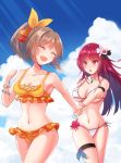 2girls :d :o bad_arm bikini blue_sky bow breasts brown_hair cattleya_(flower_knight_girl) cleavage closed_eyes clouds day facing_viewer flower_bracelet flower_knight_girl frilled_bikini frills hair_between_eyes hair_bow hand_holding jewelry kusumoto_miya large_breasts long_hair looking_at_another medium_breasts multiple_girls navel necklace oncidium_(flower_knight_girl) open_mouth orange_bikini orange_bow outdoors ponytail short_ponytail side-tie_bikini sky smile standing swimsuit thigh_strap thighs violet_eyes white_bikini 