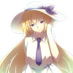  1girl alternate_costume bangs blonde_hair blue_eyes cis05 commentary_request eyebrows_visible_through_hair fate/apocrypha fate_(series) hair_between_eyes hat jeanne_d&#039;arc_(fate) jeanne_d&#039;arc_(fate)_(all) long_hair looking_to_the_side necktie simple_background solo sun_hat white_background 