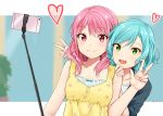 2girls :d aqua_hair bang_dream! blurry blurry_background cellphone commentary_request green_eyes hand_on_another&#039;s_shoulder heart hikawa_sayo long_hair maruyama_aya multiple_girls open_mouth phone pink_eyes pink_hair selfie_stick smile tarachine twitter_username w yuri