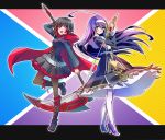  2girls blazblue:_cross_tag_battle boots commentary_request frilled_skirt frills hayami_saori high_heels iesupa multicolored_hair multiple_girls orie_(under_night_in-birth) pantyhose purple_hair ruby_rose rwby scythe seiyuu_connection skirt sword two-tone_hair under_night_in-birth weapon 