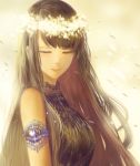  1girl bangs bare_shoulders brown_hair closed_eyes closed_mouth commentary_request dress facing_viewer glint head_wreath jewelry light_particles long_hair original petals sakimori_(hououbds) smile solo upper_body yellow_background 