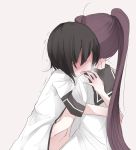  2girls bangs beige_background black_hair black_sailor_collar blouse blush breath commentary_request couple dress from_behind from_side full-face_blush funami_yui hair_intakes hair_over_eyes hand_on_another&#039;s_stomach hand_under_clothes hand_under_shirt highres hug long_hair long_ponytail midriff multiple_girls nanamori_school_uniform nateco navel no_eyes open_mouth ponytail purple_hair sailor_collar sailor_dress school_uniform shirt short_hair short_sleeves simple_background stomach sugiura_ayano touching tremble_lines trembling very_long_hair white_blouse yuri yuru_yuri 