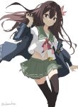  1girl absurdres black_eyes black_legwear blue_jacket brown_hair chamu_(chammkue) crescent crescent_pin dress feet_out_of_frame green_sailor_collar green_skirt highres jacket kantai_collection kisaragi_(kancolle) long_hair neckerchief one-hour_drawing_challenge pleated_dress red_neckerchief remodel_(kantai_collection) sailor_collar school_uniform serafuku simple_background skirt smile solo white_background 
