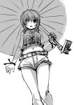  1girl alternate_costume bangs bare_arms belt blush eyebrows_visible_through_hair greyscale hair_between_eyes hakano_shinshi heterochromia holding holding_umbrella looking_at_viewer midriff monochrome navel open_mouth short_hair shorts simple_background solo tatara_kogasa touhou umbrella white_background 