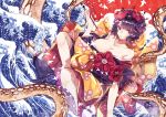  1girl blue_eyes breasts calligraphy_brush fate/grand_order fate_(series) flower gevjon hair_flower hair_ornament hairpin highres holding holding_paintbrush ink japanese_clothes katsushika_hokusai_(fate/grand_order) kimono large_breasts off_shoulder paintbrush purple_hair solo tentacle waves 