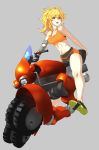  1girl ahoge bike_shorts blonde_hair blush breasts don_(rg06268) grey_background ground_vehicle highres long_hair looking_at_viewer medium_breasts midriff motor_vehicle motorcycle navel open_mouth ponytail prosthesis prosthetic_arm rwby shiny shiny_hair shiny_skin shoes simple_background smile solo sports_bra violet_eyes wavy_hair yang_xiao_long 