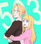  1boy 1girl :d black_shirt blonde_hair blue_background blue_eyes couple earrings edward_elric eyebrows_visible_through_hair fingernails frown fullmetal_alchemist hanayama_(inunekokawaii) happy height_difference hetero hug hug_from_behind jewelry long_hair long_sleeves looking_at_another looking_back looking_up number open_mouth pink_shirt ponytail serious shirt simple_background smile upper_body winry_rockbell yellow_eyes 