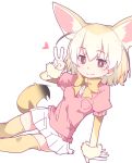  1girl animal_ears arm_support arm_up bangs blonde_hair bow bowtie brown_eyes closed_mouth extra_ears eyebrows_visible_through_hair fang fang_out fennec_(kemono_friends) fox_ears fox_girl fox_tail gradient_hair hair_between_eyes heart ixy kemono_friends long_hair multicolored_hair pink_sweater pleated_skirt puffy_short_sleeves puffy_sleeves shirt short_sleeves simple_background skirt smile solo sweater tail thigh-highs v white_background white_hair white_shirt white_skirt yellow_legwear yellow_neckwear 