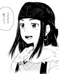  1girl absurdres ainu_clothes asirpa bandanna commentary_request drooling earrings eyebrows golden_kamuy greyscale highres himajin_noizu hoop_earrings jewelry monochrome open_mouth saliva sidelocks simple_background solo speech_bubble translation_request upper_body white_background 