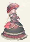  1girl absurdres black_dress blonde_hair bow dress fang frilled_dress frills gothic gothic_lolita hair_bow hand_on_own_chest highres holding holding_umbrella lolita_fashion long_hair luviantree open_mouth overlord_(maruyama) parasol red_eyes shalltear_bloodfallen smile solo umbrella vampire 