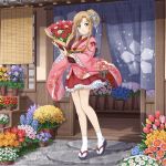  1girl asuna_(sao) blue_flower bouquet brown_eyes brown_hair day floral_print flower full_body hair_flower hair_ornament holding holding_bouquet japanese_clothes kimono long_hair long_sleeves looking_at_viewer miniskirt outdoors pink_flower pink_kimono red_flower red_skirt sidelocks skirt smile socks solo standing sword_art_online tied_hair white_legwear 