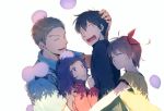  2boys 2girls ^_^ black_hair black_shirt blue_shirt brown_hair clenched_teeth closed_eyes closed_mouth constricted_pupils creature crying crying_with_eyes_open from_behind from_side hair_ribbon hand_on_another&#039;s_head hug kanzaki_shiori kirisame_ga_furu_mori kybanchou light_smile long_hair long_sleeves mochizuki_yousuke multiple_boys multiple_girls open_mouth outstretched_arm pink_eyes police police_uniform policeman purple_hair red_ribbon ribbon sakuma_miyako sandwiched shirt short_hair short_sleeves silhouette smile suga_koutarou tears teeth triangle_mouth uniform wavy_mouth white_background yellow_shirt |_| 