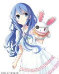  1girl blue_eyes blue_hair cowboy_shot date_a_live dress floating_hair hair_between_eyes konoe_(fogtracks) long_hair looking_away short_dress short_sleeves simple_background smile solo standing sundress very_long_hair white_background white_dress yoshino_(date_a_live) yoshinon 