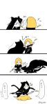  &gt;:( 2others 4koma androgynous animal_ears black_hair black_neckwear black_shorts blonde_hair blush_stickers bort cat_ears cattail closed_eyes collared_shirt comic elbow_gloves gem_uniform_(houseki_no_kuni) gloves houseki_no_kuni kemonomimi_mode long_hair necktie plant puffy_short_sleeves puffy_sleeves shirt short_hair short_shorts short_sleeves shorts smile squatting thigh-highs yellow_diamond_(houseki_no_kuni) yellow_eyes 