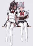  2girls animal_ears apron artist_name black_hair blush bow breasts cat_ears dark_skin fkey full_body garter_straps grey_background highres long_hair medium_breasts multiple_girls original panties ponytail reading red_eyes school_uniform serafuku sidelocks silver_hair simple_background sitting thigh-highs underwear white_legwear white_panties 