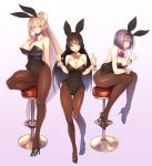  3girls :d animal_ears ass_visible_through_thighs bare_shoulders between_breasts black_hair blue_eyes blue_hair blush bow braid breasts brown_legwear bunny_girl bunny_tail bunnysuit cleavage commentary_request detached_collar double_w eyebrows_visible_through_hair fake_animal_ears folded_leg full_body hair_ornament hairband hairclip high_heels highres higuchi_kaede kagami_uekusa large_breasts leaning_forward leg_up leotard long_hair looking_at_viewer multiple_girls necktie necktie_between_breasts nijisanji open_mouth outstretched_hand pantyhose ponytail shizuka_rin short_hair silver_hair simple_background sitting smile standing standing_on_one_leg stool tail thigh_gap tsukino_mito twin_braids very_long_hair violet_eyes virtual_youtuber w wrist_cuffs yellow_eyes 