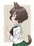  1girl akiyama_yukari animal_ears bangs beige_background black_neckwear blouse blush_stickers brown_eyes brown_hair closed_mouth commentary dog_ears dog_tail fidgeting from_side girls_und_panzer green_skirt light_frown long_sleeves messy_hair miniskirt motion_lines neckerchief nogitatsu ooarai_school_uniform outside_border pleated_skirt school_uniform serafuku short_hair skirt solo standing tail upper_body white_blouse 