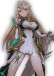  1girl armor blonde_hair blush breasts cleavage dress gloves hand_on_hilt highres mythra_(xenoblade) jewelry large_breasts long_hair looking_at_viewer nagamerin simple_background smile solo standing sword weapon white_background xenoblade_(series) xenoblade_2 yellow_eyes 