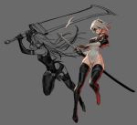  2girls android armlet black_gloves black_hairband black_shorts blindfold boots cleavage_cutout covered_eyes elbow_gloves feather-trimmed_sleeves gloves hairband haje highleg highleg_leotard holding holding_sword holding_weapon juliet_sleeves leotard long_hair long_sleeves multiple_girls nier_(series) nier_automata pink_lips puffy_sleeves robot_joints short_hair short_shorts shorts silver_hair sketch swinging sword tank_top thigh-highs thigh_boots thighhighs_under_boots vambraces weapon white_leotard yorha_no._2_type_b yorha_type_a_no._2 