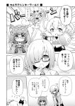  3girls alternate_costume bent_over black-framed_eyewear black_dress blush cloak comic cosplay dress dual_wielding fate/grand_order fate_(series) felyne felyne_(cosplay) fou_(fate/grand_order) glasses goggles goggles_on_head greyscale hair_between_eyes hair_over_one_eye hand_up hip_vent hood hooded_cloak hoodie jacket japanese_clothes kimono long_hair low_twintails mash_kyrielight monochrome monster_hunter multiple_girls necktie obi osakabe-hime_(fate/grand_order) paw_stick ponytail rioshi sash screentones shield short_hair smile solid_oval_eyes sword tomoe_gozen_(fate/grand_order) twintails very_long_hair weapon white_kimono younger 