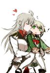  2girls agtt25333 blush breasts cheek_kiss closed_eyes eyebrows_visible_through_hair gangut_(kantai_collection) green_eyes grey_hair hair_between_eyes heart highres jacket kantai_collection kiss large_breasts long_hair long_sleeves military military_jacket military_uniform multiple_girls neckerchief red_shirt remodel_(kantai_collection) shimushu_(kantai_collection) shirt shoes simple_background uniform white_background white_jacket white_legwear 