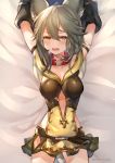  1girl animal_ears arms_up bangs belt blush breasts cleavage collar commentary_request erune fang granblue_fantasy grey_hair hair_between_eyes looking_at_viewer lying medium_breasts medium_hair miniskirt narusegawa_riko on_back open_mouth orange_eyes sen_(granblue_fantasy) skirt solo 