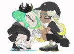 2girls baseball_cap black_hat blonde_hair commentary_request crown dark_skin green_eyes green_hair grin hat inoue_seita logo long_hair marina_(splatoon) mole mole_under_mouth multiple_girls nike official_art pearl_(splatoon) shoes short_hair simple_background smile sneakers splatoon splatoon_2 squatting tentacle_hair white_background