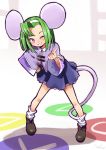  1girl ;) animal_ears bending_forward bent_over black_footwear brave_fencer_musashiden capelet circle collared_shirt full_body green_hair hairband hand_on_hip index_finger_raised io_naomichi legs_apart long_sleeves loose_socks mouse_ears mouse_tail one_eye_closed purple_capelet purple_shirt shirt shoes short_hair single_hair_intake smile solo square standing tail topo_(musashiden) triangle violet_eyes white_hairband white_legwear wide_sleeves 
