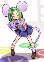  1girl ;) animal_ears bending_forward bent_over black_footwear brave_fencer_musashiden capelet circle collared_shirt full_body green_hair hairband hand_on_hip index_finger_raised io_naomichi legs_apart long_sleeves loose_socks mouse_ears mouse_tail one_eye_closed purple_capelet purple_shirt shirt shoes short_hair single_hair_intake smile solo square standing tail topo_(musashiden) triangle violet_eyes white_hairband white_legwear wide_sleeves 