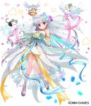  &gt;_&lt; :3 armlet bare_shoulders basket bird blue_ribbon bouquet breasts brown_eyes cat clover dove dress eyebrows_visible_through_hair flower full_body hair_flower hair_ornament heart hellnyaa holding holding_flower long_hair medium_breasts noel official_art petals pink_ribbon ribbon riding_bird silver_hair smile standing veil very_long_hair watermark wedding_dress white_dress x-overd yellow_ribbon 