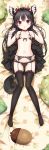  1girl :d absurdres animal_ears ass_visible_through_thighs bangs bare_shoulders bed_sheet black_bra black_dress black_hair black_legwear black_panties bow bow_bra bow_panties bra breasts collarbone cura dress eyebrows_visible_through_hair fantia_reward fingernails floral_print frilled_bra frilled_hairband frills front-tie_top full_body garter_belt hachiroku_(maitetsu) hair_ribbon hands_up head_tilt highres lace lace-trimmed_panties long_hair looking_at_viewer lying maitetsu navel no_shoes on_back open_clothes open_dress open_mouth paid_reward panties pillow polka_dot polka_dot_bra polka_dot_panties red_bow red_eyes ribbon ribbon-trimmed_bra sleeveless sleeveless_dress small_breasts smile solo tail thigh-highs underwear very_long_hair white_ribbon wrist_cuffs 