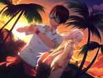  black_hair building closed_eyes clouds dutch_angle floating_hair game_cg goggles highres japanese_clothes kimono long_hair nukigee_mitai_na_shima_ni_sunderu_watashi_wa_dou_surya_ii_desu_ka? obi outdoors palm_tree sash shirt short_sleeves silver_hair sky star_(sky) starry_sky sun sunset tachibana_junnosuke tree very_long_hair watarai_hinami white_shirt wristband yukata 