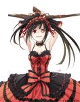  1girl :d armpits arms_up asymmetrical_hair black_hair bow breasts choker cleavage clock_eyes collarbone date_a_live detached_sleeves dress dual_wielding eyebrows_visible_through_hair floating_hair frilled_bow frills gothic_lolita gun heterochromia holding holding_gun holding_weapon konoe_(fogtracks) lolita_fashion long_hair medium_breasts open_mouth red_bow red_dress red_eyes sleeveless sleeveless_dress smile solo standing symbol-shaped_pupils tokisaki_kurumi transparent_background twintails weapon yellow_eyes 