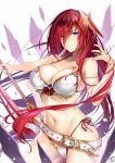  1girl bangs bare_shoulders belt bikini blue_eyes breasts cleavage collarbone eyebrows_visible_through_hair godguard_brodia granblue_fantasy hair_between_eyes hair_ornament highres hips large_breasts long_hair looking_at_viewer navel okitakung redhead smile solo swimsuit sword very_long_hair waist weapon white_bikini 