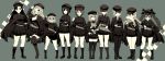  6+girls :d ;d alternate_headwear anchovy arm_behind_back arm_grab asymmetrical_bangs bandolier bangs black_cape black_eyes black_footwear black_hair black_hat black_jacket black_legwear black_skirt boko_(girls_und_panzer) boots braid breasts brown_hair cabbie_hat cape cleavage closed_mouth commentary cross-laced_footwear crossed_arms darjeeling drill_hair eyebrows_visible_through_hair fan folding_fan girls_und_panzer hair_intakes hair_ribbon hand_on_hip hand_on_own_chin hand_on_sword hat highres hikyakuashibi holding holding_instrument holding_stuffed_animal instrument jacket kantele katyusha kay_(girls_und_panzer) knee_boots lace-up_boots large_breasts light_smile loafers long_sleeves marie_(girls_und_panzer) mika_(girls_und_panzer) miniskirt multiple_girls muted_color nishi_kinuyo nishizumi_maho nishizumi_miho one_eye_closed open_mouth pantyhose pleated_skirt raised_fist ribbon ribbon-trimmed_legwear ribbon_trim riding_crop shimada_arisu shoes siblings side_ponytail sisters skirt smile socks standing standing_on_one_leg stuffed_animal stuffed_toy teddy_bear thigh-highs thigh_boots tied_hair trait_connection twin_braids twin_drills twintails uniform v-shaped_eyebrows 