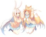  2girls ;d animal_ears arms_up black_legwear blonde_hair blue_sailor_collar blue_skirt blush brown_cardigan brown_footwear brown_sweater bunny_girl bunny_pose bunny_tail cardigan closed_mouth collared_shirt commentary_request cynthia_riddle dress_shirt fox_ears fox_girl fox_tail headband highres loafers long_hair long_sleeves looking_at_viewer milia_leclerc multiple_girls neck_ribbon neckerchief one_eye_closed open_cardigan open_clothes open_mouth original p19 pleated_skirt rabbit_ears red_ribbon ribbon ribbon_trim sailor_collar school_uniform serafuku shirt shoes simple_background skirt sleeves_past_wrists smile socks sweater tail thigh-highs very_long_hair white_background white_hair white_legwear white_shirt yellow_neckwear 