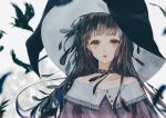  1girl bangs bird black_hair black_hat blurry blurry_background brown_eyes choker commentary_request crow depth_of_field dress eyelashes hat lipstick long_hair looking_at_viewer makeup original purple_dress red_lipstick say_hana solo upper_body wide-eyed witch witch_hat 