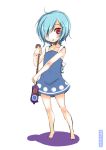  1girl ahoge artist_name bare_arms barefoot blue_hair blush braid covered_navel dress full_body hair_over_one_eye hakano_shinshi holding long_hair looking_at_viewer one_eye_closed open_mouth red_eyes short_hair simple_background single_braid solo standing tatara_kogasa touhou white_background 