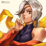  1girl ana_(overwatch) bare_shoulders braid breasts brown_eyes cosplay dark_skin detached_sleeves eye_of_horus eyeshadow facial_tattoo finger_to_mouth grey_hair hagoromo leotard_under_clothes long_hair looking_at_viewer makeup medium_breasts moize_opel old_woman one-eyed overwatch rose_(street_fighter) rose_(street_fighter)_(cosplay) shawl shushing single_braid solo strapless street_fighter tattoo turtleneck twitter_username 