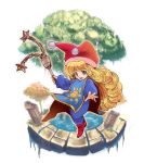  1girl :d bangs blue_bodysuit bodysuit charlotte_(seiken_densetsu_3) curly_hair eyebrows_visible_through_hair flail full_body hat holding holding_weapon jester_cap koshi_(meermisa) long_hair long_sleeves looking_at_viewer open_mouth pom_pom_(clothes) red_footwear red_hat seiken_densetsu seiken_densetsu_3 simple_background smile solo sun_(symbol) tabard teeth tree water weapon white_background 
