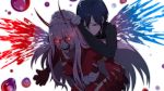  1boy 1girl black_hair blue_eyes couple darling_in_the_franxx gloves hairband hand_on_another&#039;s_head highres hiro_(darling_in_the_franxx) horns hug hug_from_behind igommy long_hair oni_horns pilot_suit pink_hair red_eyes short_hair white_gloves white_hairband wings zero_two_(darling_in_the_franxx) 
