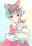  1girl animal animal_hug bangs blue_background blush bow cat closed_mouth collared_shirt commentary_request dress eyebrows_visible_through_hair gegege_no_kitarou gradient gradient_background hair_bow holding holding_cat kuga_tsukasa long_sleeves looking_at_viewer multicolored multicolored_background nekomusume nekomusume_(gegege_no_kitarou_4) purple_hair red_bow red_dress shirt short_eyebrows short_hair sleeveless sleeveless_dress slit_pupils smile solo violet_eyes white_background white_shirt wing_collar yellow_background 