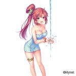  1girl :d bare_shoulders blush bracelet breasts cleavage hair_ornament high_ponytail jewelry large_breasts leaning_forward legband long_hair looking_at_viewer official_art open_mouth otosume_ruiko pink_eyes sangoku_infinity smile solo standing washing_hands water watermark wet 