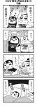  2girls 4koma :3 arm_up bag bangs bed bkub blunt_bangs blush bowl calimero_(bkub) carrying_bag chakapi chopsticks clenched_hands closed_eyes comic crowd eating emphasis_lines food greyscale handbag highres holding holding_chopsticks holding_on honey_come_chatka!! monochrome multiple_girls musical_note noodles open_mouth ramen scrunchie shirt short_hair shouting simple_background sleeping slurping smile speech_bubble subway sweatdrop talking topknot translation_request two-tone_background under_covers zzz 