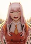  1girl bangs breasts chizza closed_eyes darling_in_the_franxx facebook_username fangs hairband highres horns laughing long_hair medium_breasts open_mouth orange_neckwear pilot_suit pink_hair red_horns solo white_hairband zero_two_(darling_in_the_franxx) 