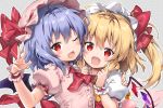  2girls :d ahoge arm_up bat_wings blonde_hair blouse blue_hair cravat eyebrows_visible_through_hair fang finger_to_cheek flandre_scarlet grey_background hair_between_eyes hand_on_another&#039;s_arm hat hat_ribbon hug index_finger_raised looking_at_viewer mob_cap multiple_girls one_eye_closed open_hand open_mouth pink_blouse polka_dot polka_dot_background puffy_short_sleeves puffy_sleeves red_eyes red_neckwear red_vest remilia_scarlet ribbon riichu short_hair short_sleeves siblings side_ponytail sisters smile touhou upper_body vest wings wrist_cuffs yellow_neckwear 
