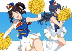  2girls ;d aqua_eyes band_uniform black_hair blue_background blue_hair blush boots breasts commentary_request gloves hat hibike!_euphonium jpeg_artifacts kasaki_nozomi knee_boots long_hair mirai_denki multiple_girls one_eye_closed open_mouth pom_poms ponytail red_eyes shako_cap smile white_footwear white_gloves yoroizuka_mizore 